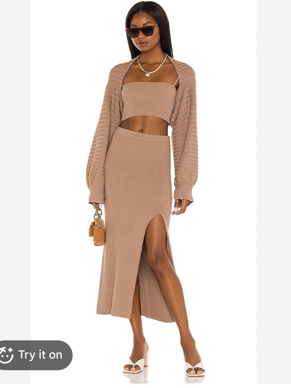 LPA Magdala Tan Knit three-piece set/ Skirt with High Side Slit, shawl, and crop